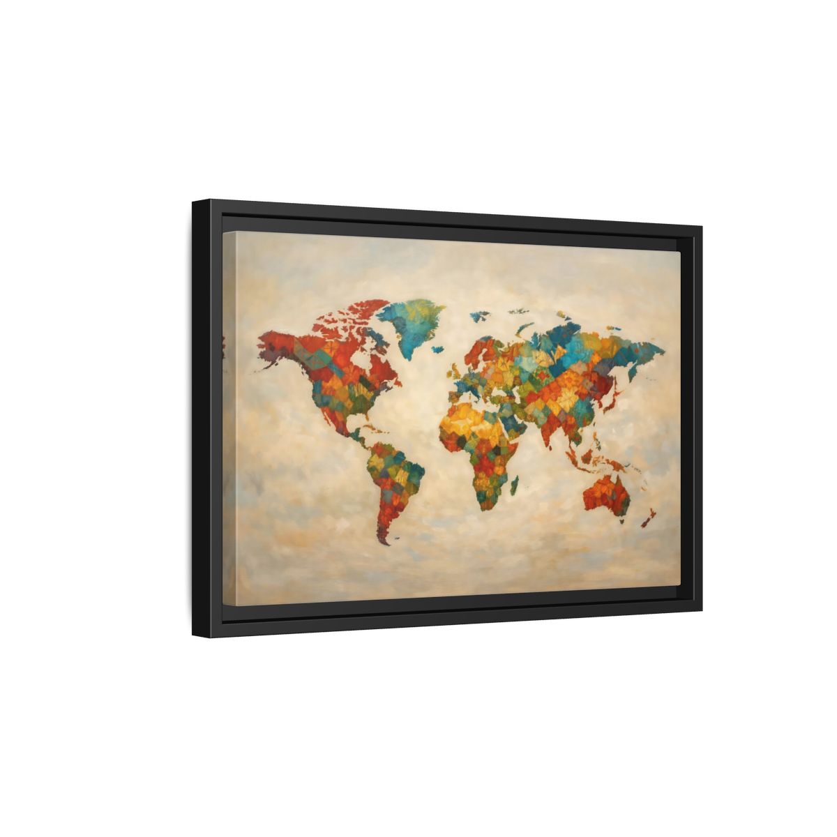 Side Mockup 6. Maps World Map Multicolor World Map shown as stretched canvas wall art