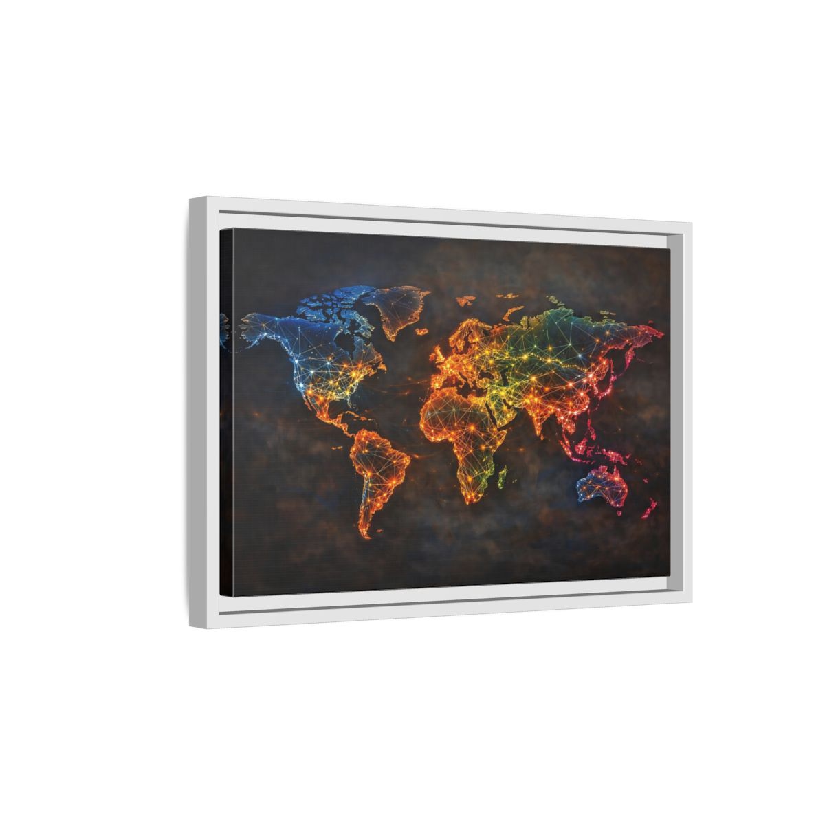 Side Mockup 4. Maps World Map Multicolor World Map shown as stretched canvas wall art