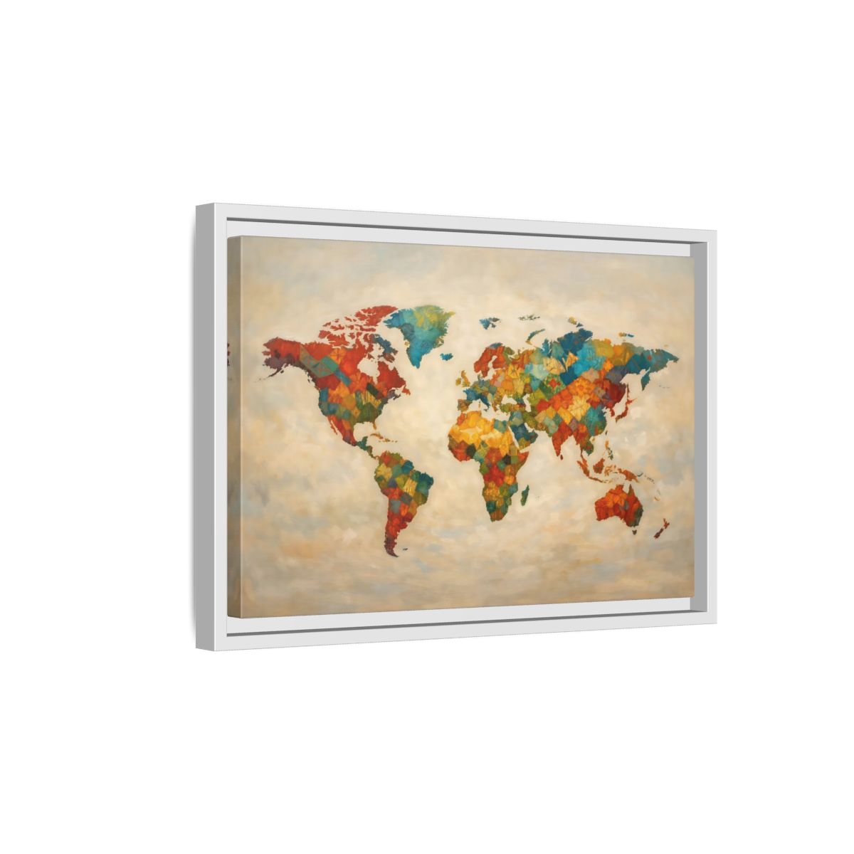 Side Mockup 4. Maps World Map Multicolor World Map shown as stretched canvas wall art