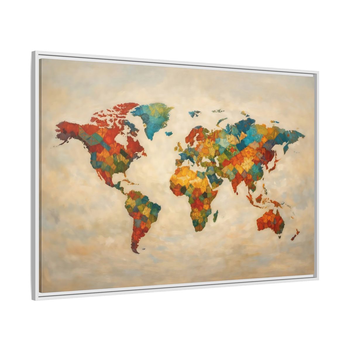 Side Mockup 7. Maps World Map Multicolor World Map shown as stretched canvas wall art