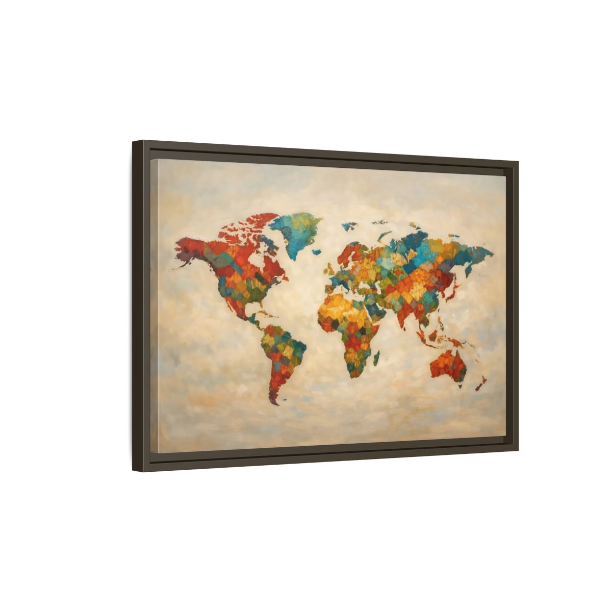Side Mockup 2. Maps World Map Multicolor World Map shown as stretched canvas wall art