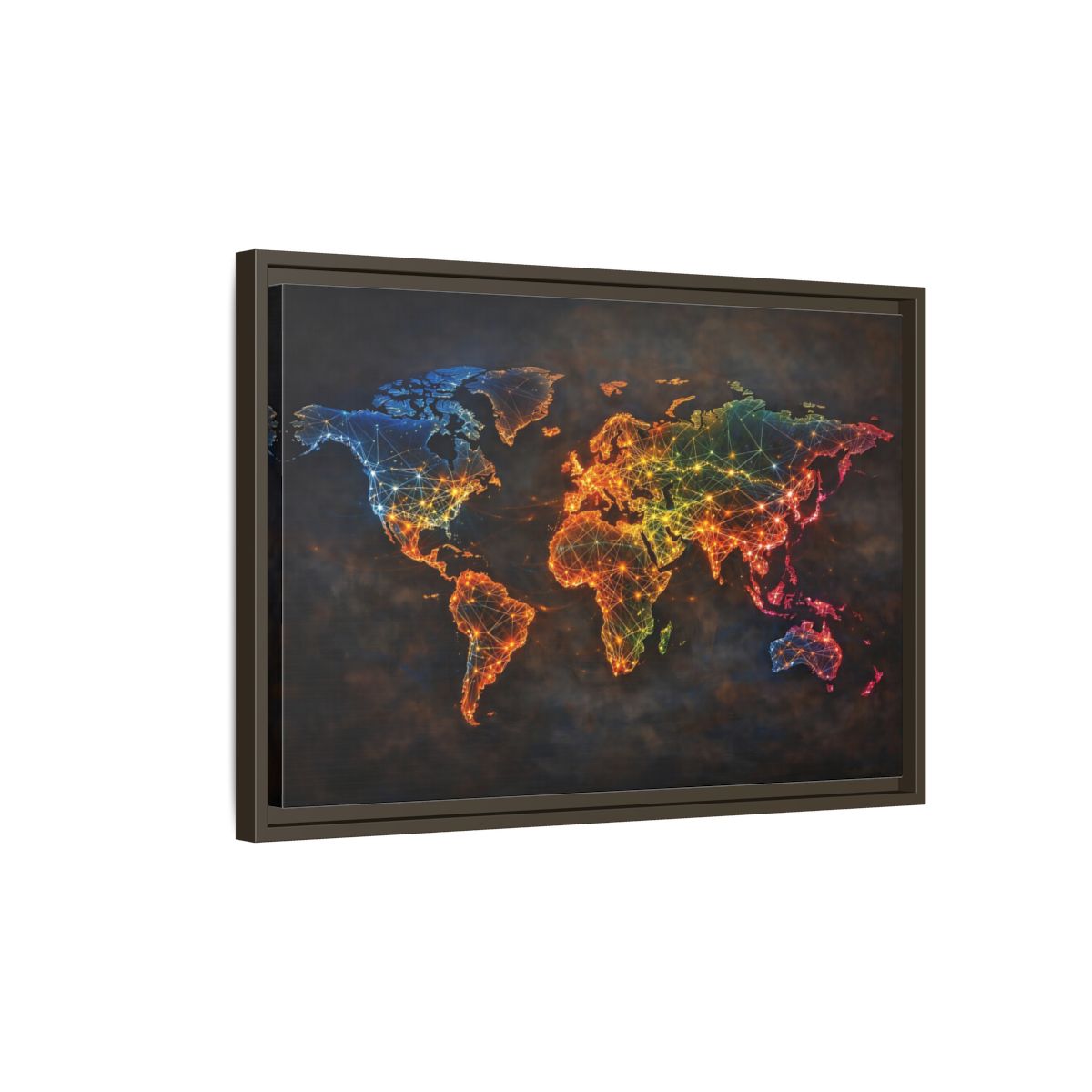 Side Mockup 2. Maps World Map Multicolor World Map shown as stretched canvas wall art