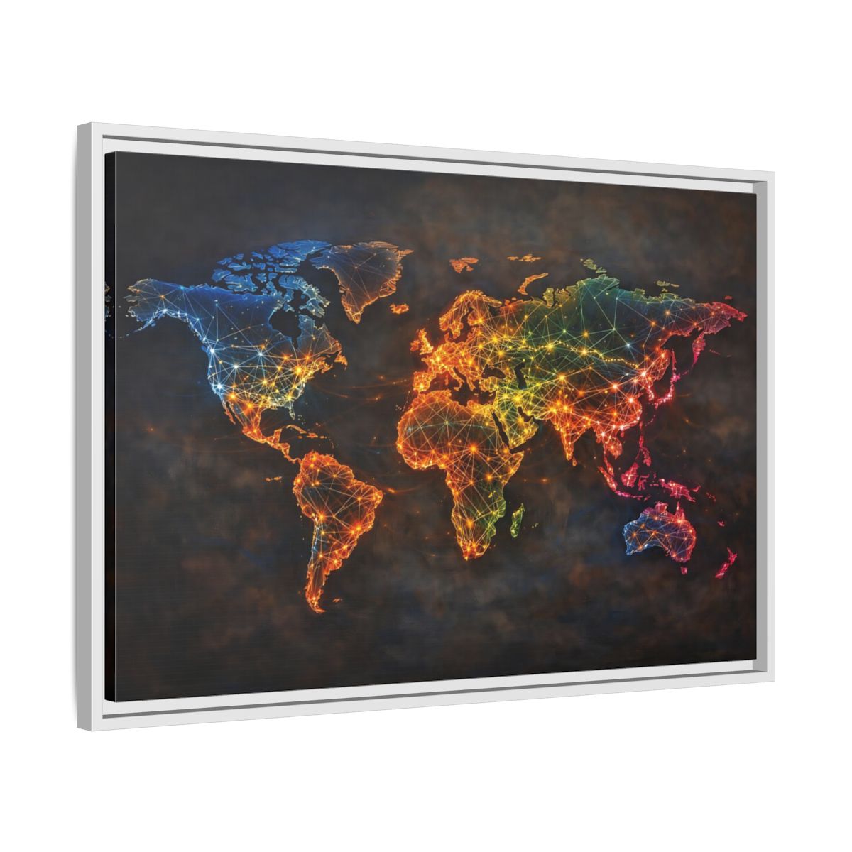 Side Mockup 10. Maps World Map Multicolor World Map shown as stretched canvas wall art