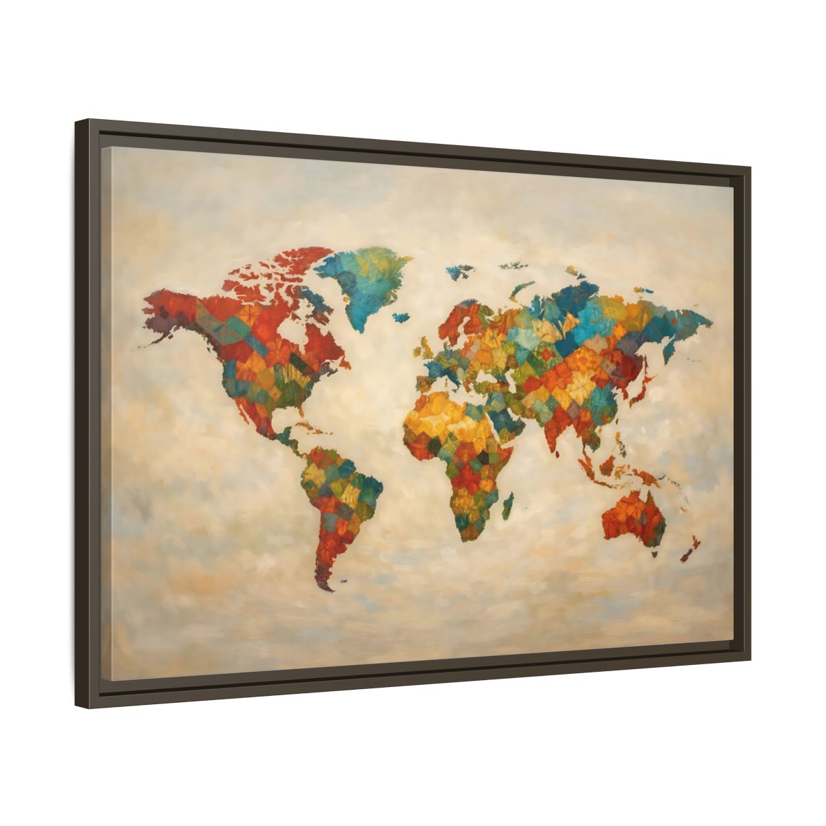 Side Mockup 11. Maps World Map Multicolor World Map shown as stretched canvas wall art