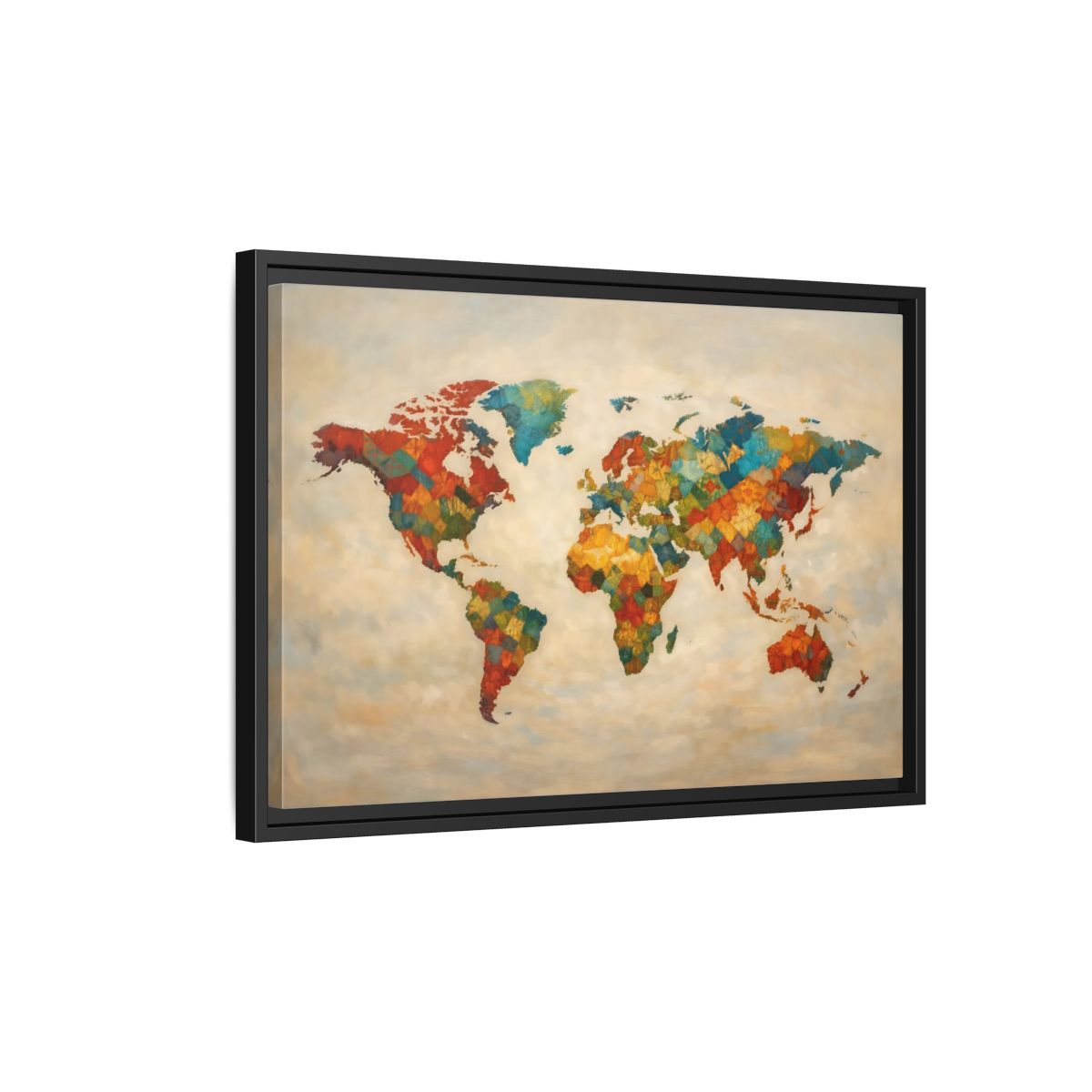 Side Mockup 3. Maps World Map Multicolor World Map shown as stretched canvas wall art