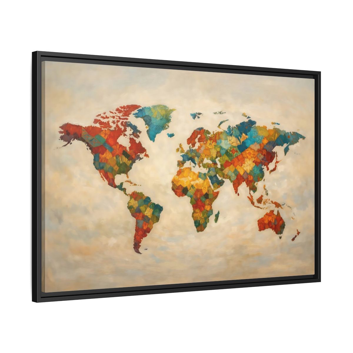 Side Mockup 13. Maps World Map Multicolor World Map shown as stretched canvas wall art