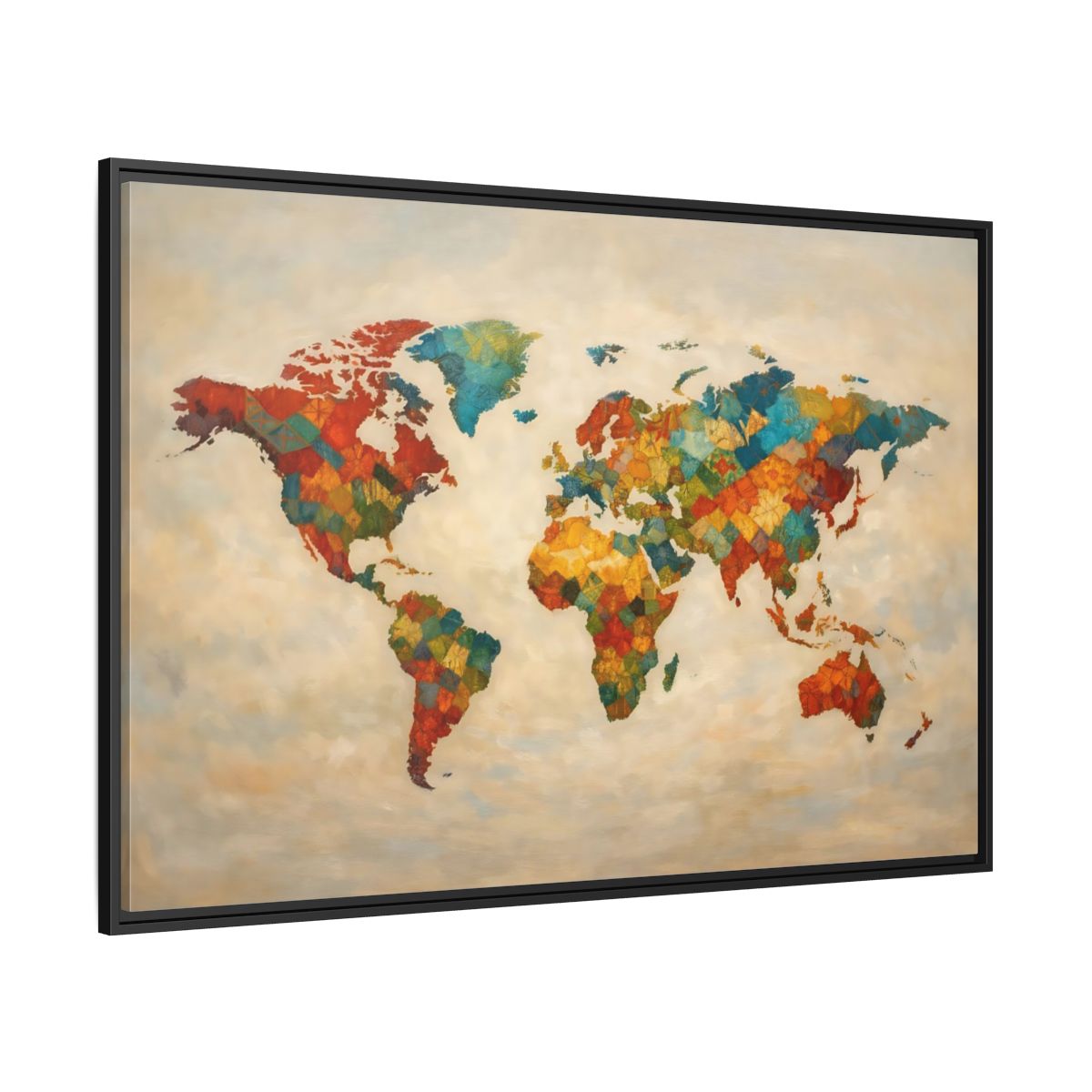 Side Mockup 12. Maps World Map Multicolor World Map shown as stretched canvas wall art