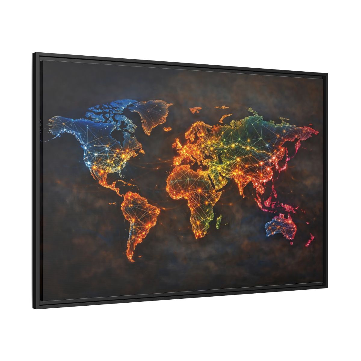 Side Mockup 12. Maps World Map Multicolor World Map shown as stretched canvas wall art