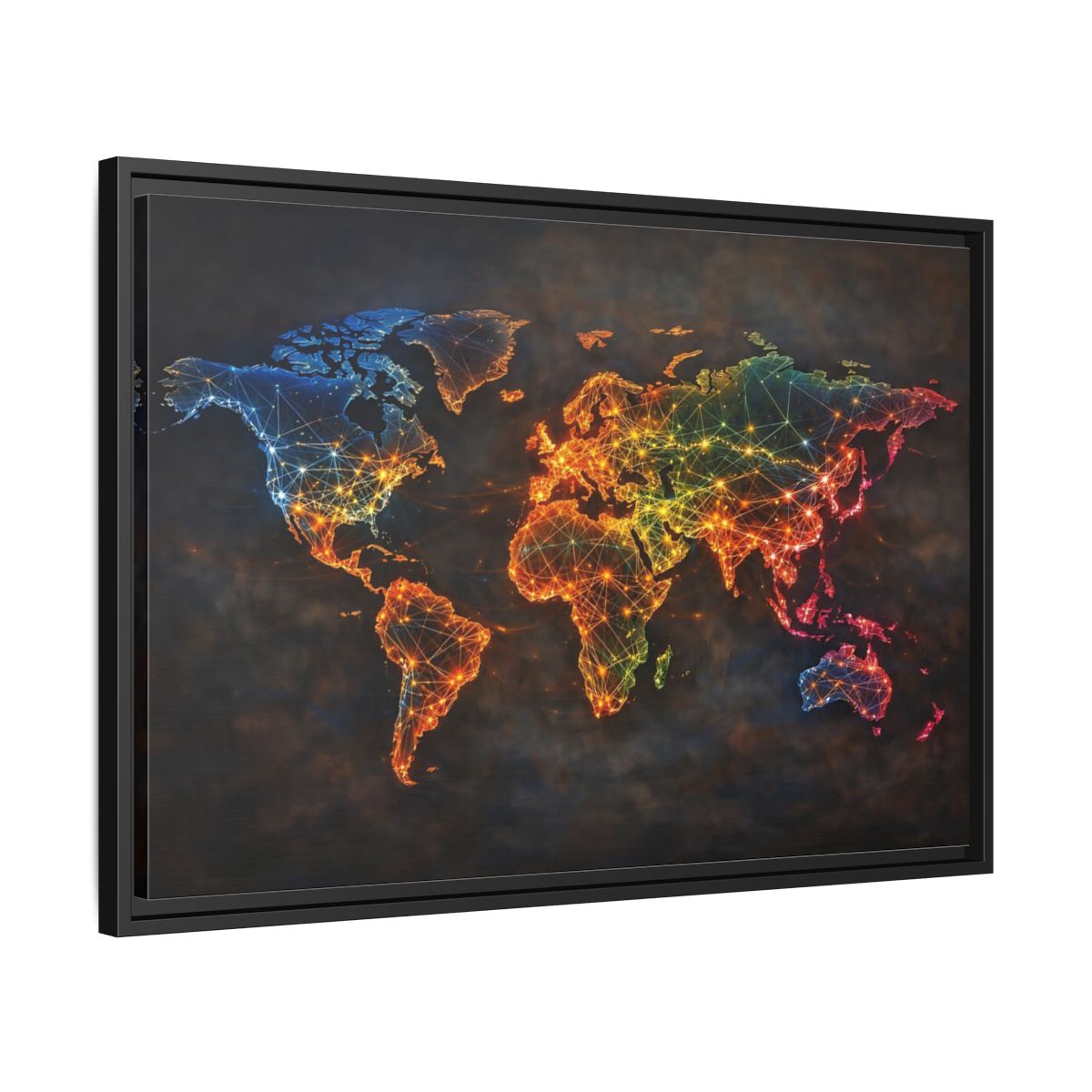 Side Mockup 14. Maps World Map Multicolor World Map shown as stretched canvas wall art
