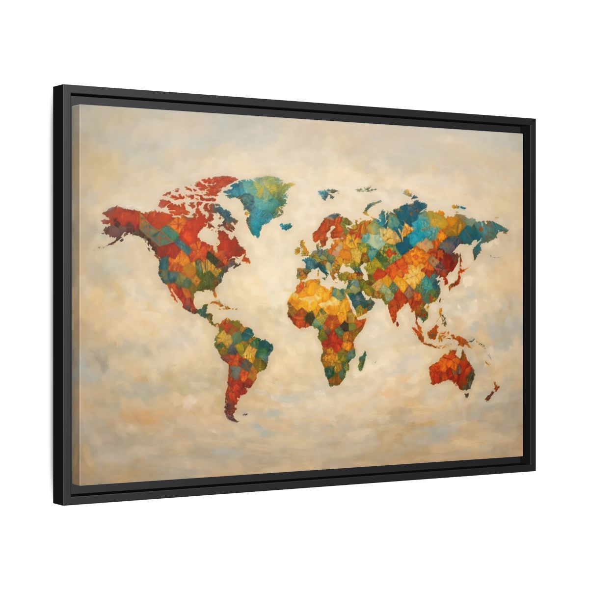 Side Mockup 14. Maps World Map Multicolor World Map shown as stretched canvas wall art
