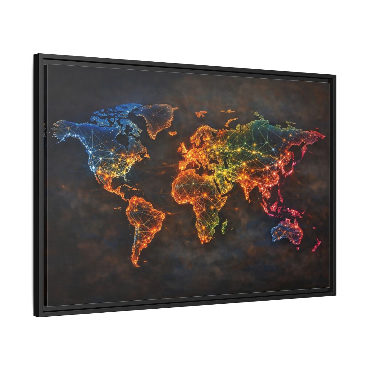 Side Mockup 13. Maps World Map Multicolor World Map shown as stretched canvas wall art