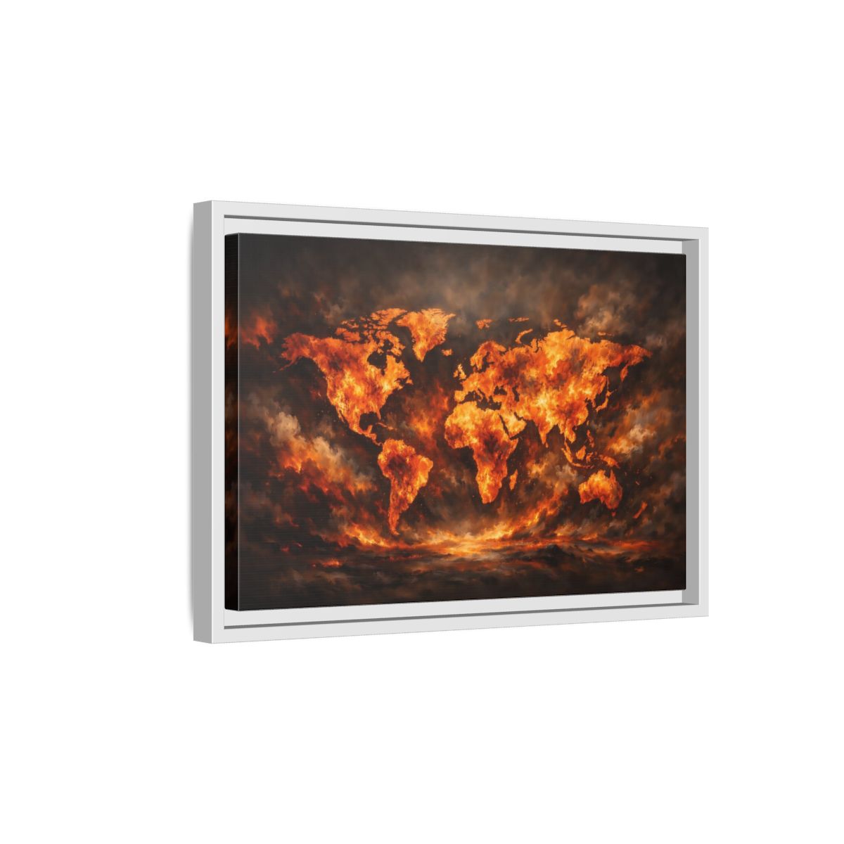 Side Mockup 4. Maps World Map Orange And Black Map shown as stretched canvas wall art