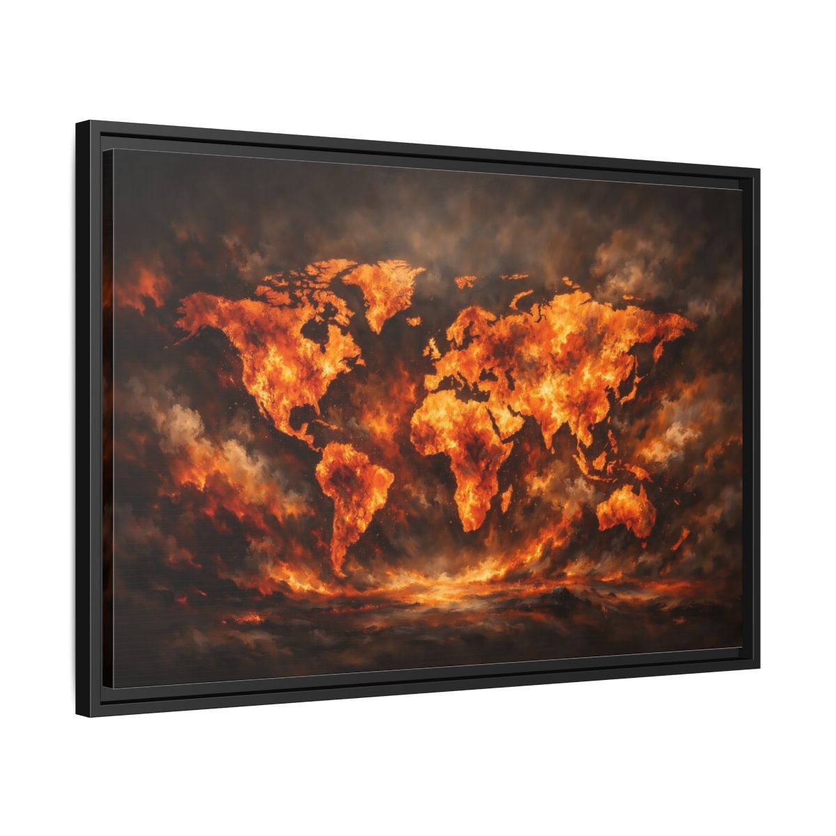 Side Mockup 14. Maps World Map Orange And Black Map shown as stretched canvas wall art