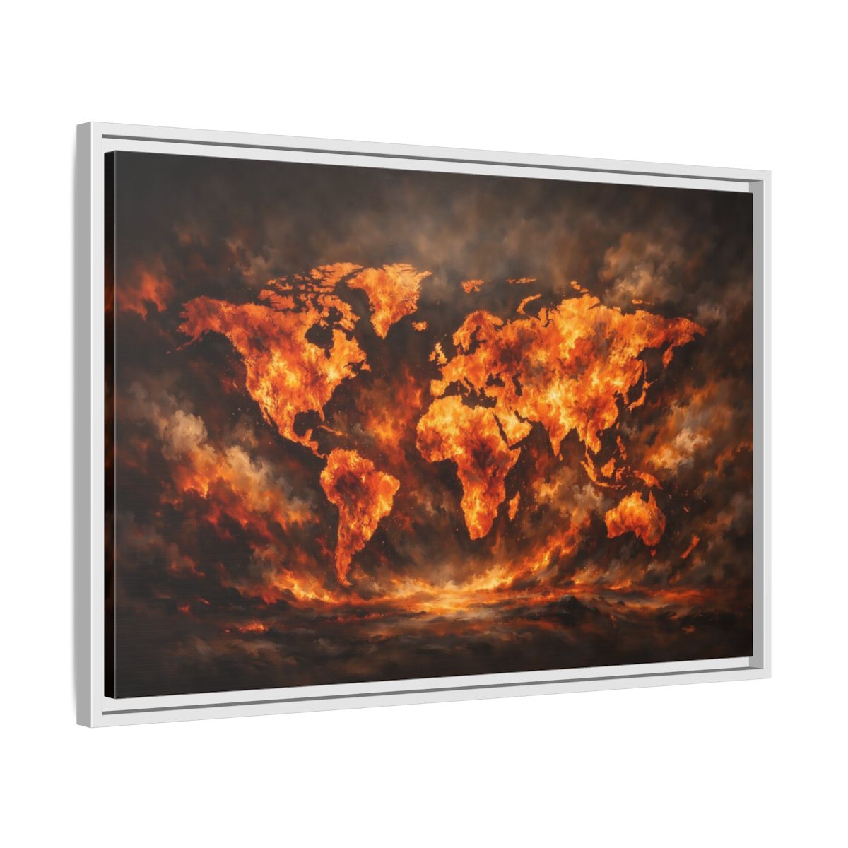 Side Mockup 10. Maps World Map Orange And Black Map shown as stretched canvas wall art