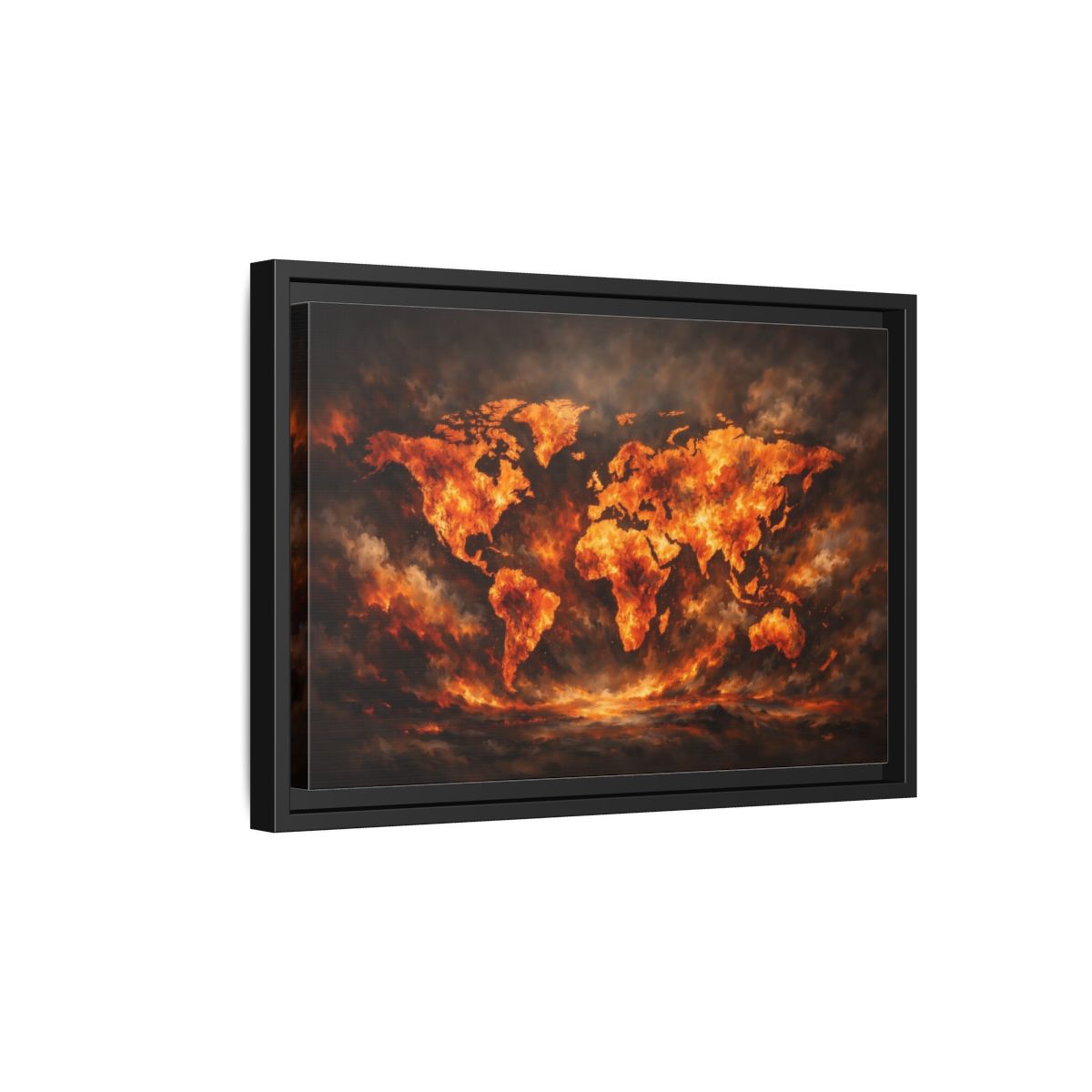 Side Mockup 6. Maps World Map Orange And Black Map shown as stretched canvas wall art