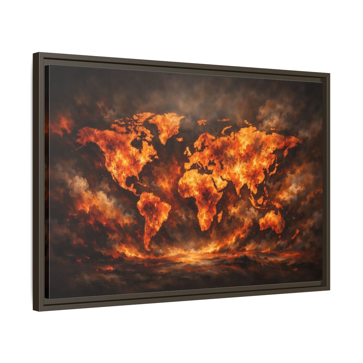 Side Mockup 11. Maps World Map Orange And Black Map shown as stretched canvas wall art