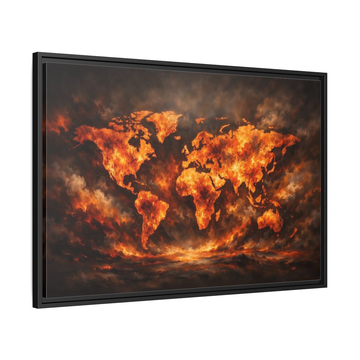 Side Mockup 13. Maps World Map Orange And Black Map shown as stretched canvas wall art
