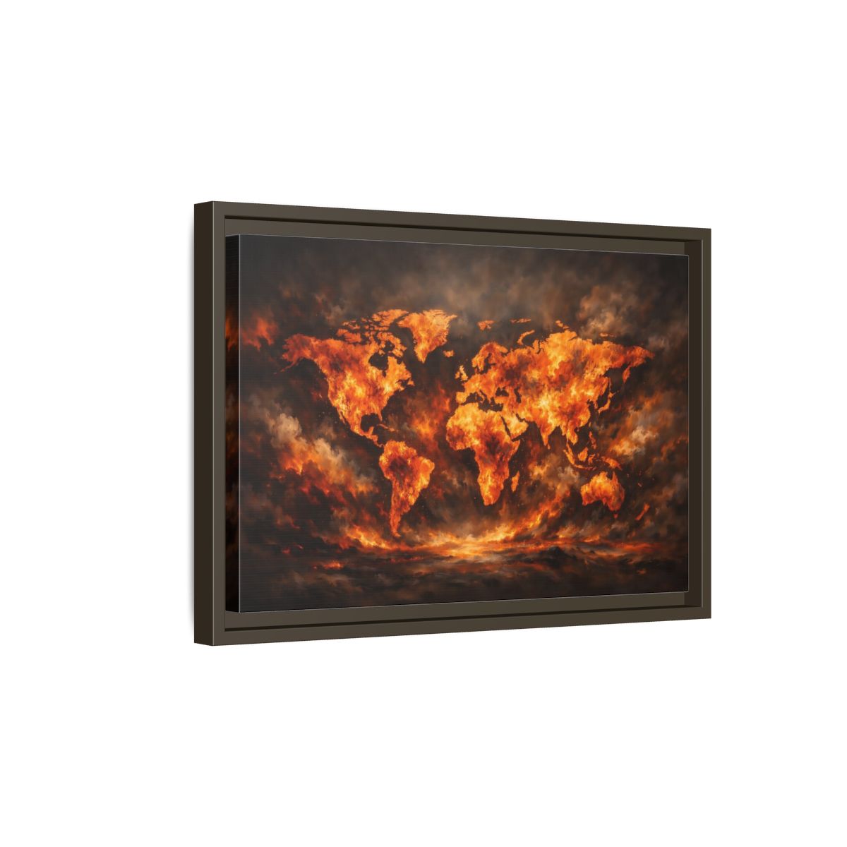Side Mockup 5. Maps World Map Orange And Black Map shown as stretched canvas wall art