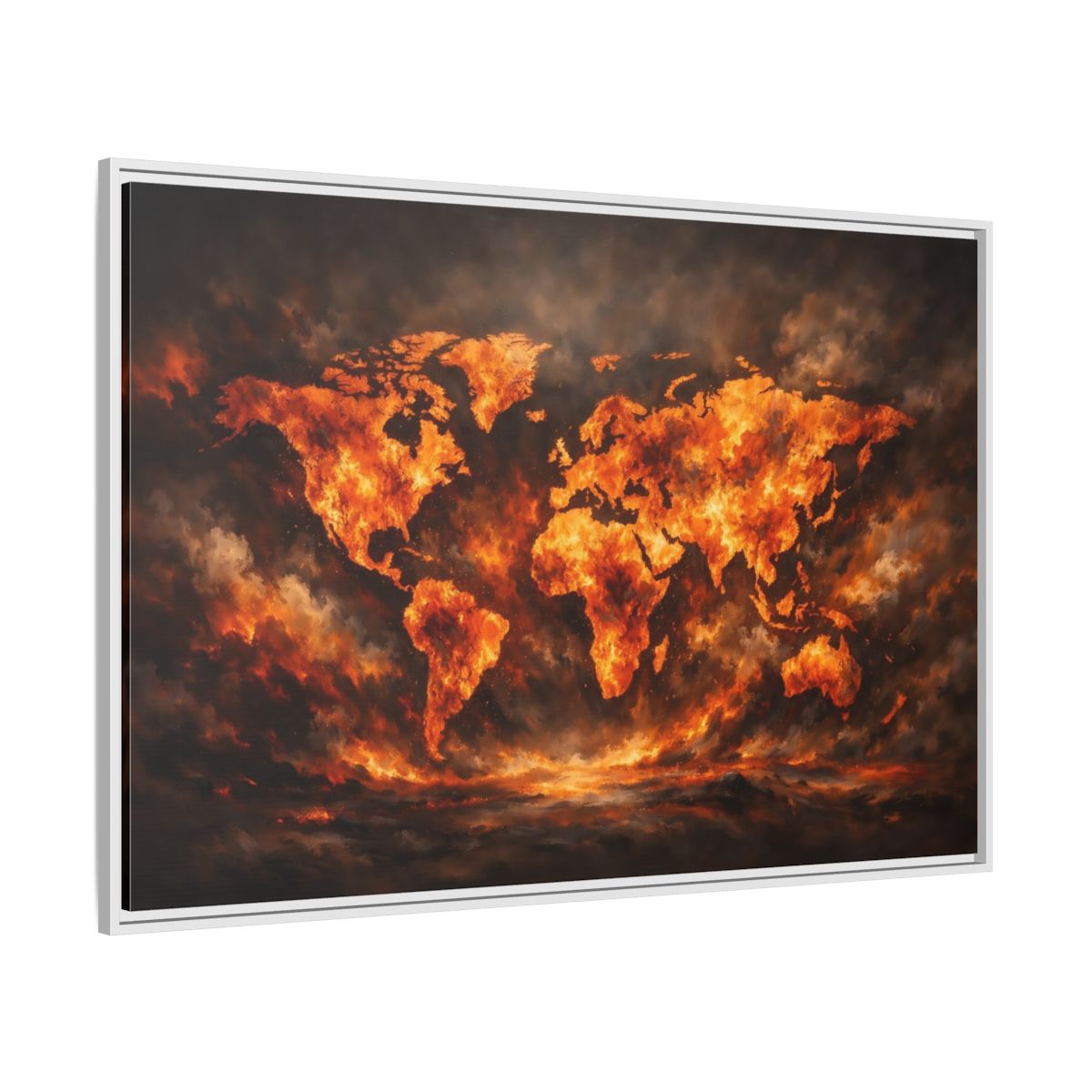 Side Mockup 7. Maps World Map Orange And Black Map shown as stretched canvas wall art