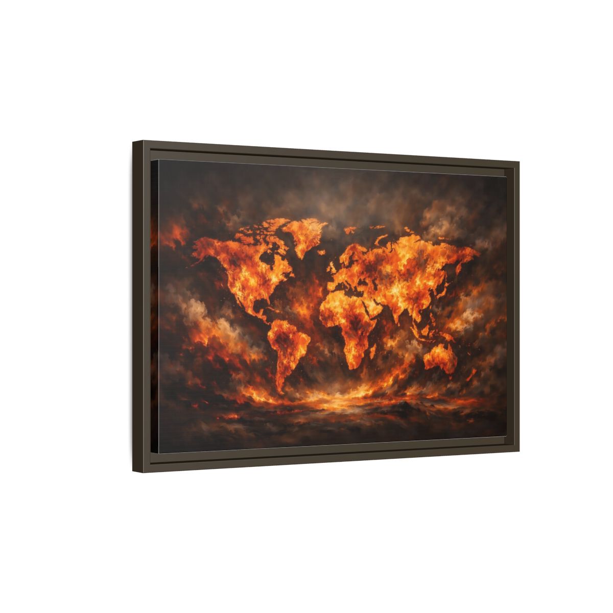 Side Mockup 2. Maps World Map Orange And Black Map shown as stretched canvas wall art
