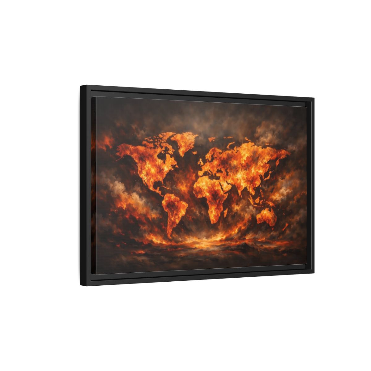 Side Mockup 3. Maps World Map Orange And Black Map shown as stretched canvas wall art