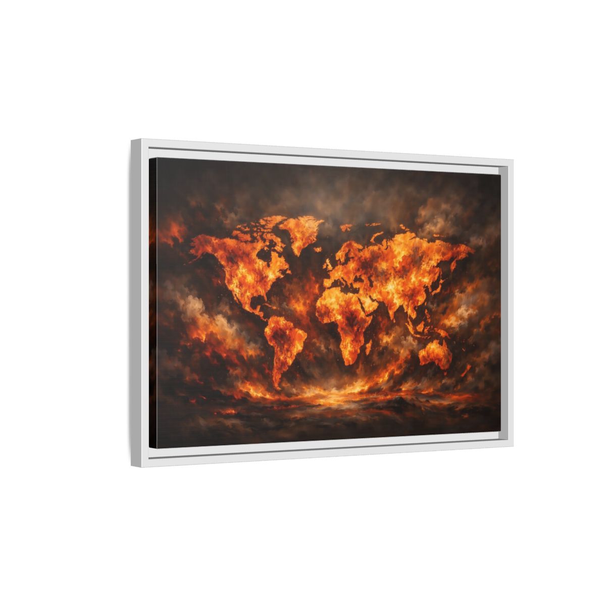Side Mockup 1. Maps World Map Orange And Black Map shown as stretched canvas wall art
