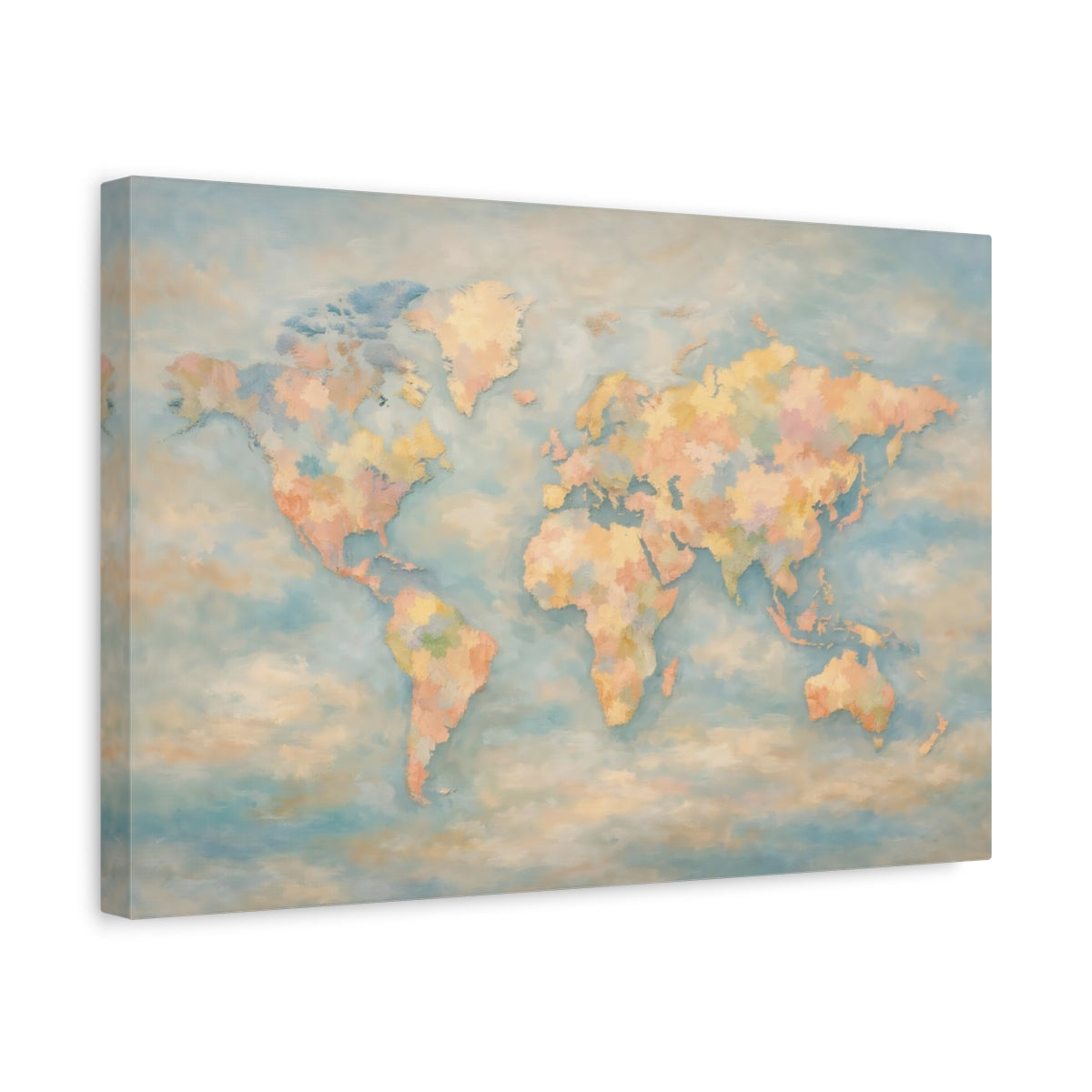Side Mockup 4. Maps World Map Pastel World Map shown as stretched canvas wall art