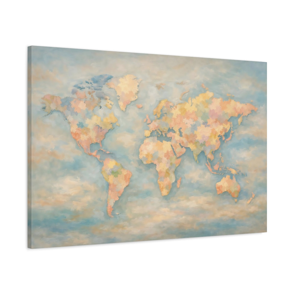 Side Mockup 1. Maps World Map Pastel World Map shown as stretched canvas wall art