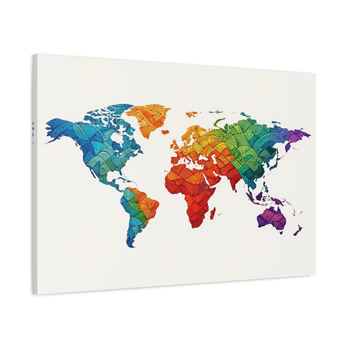 Side Mockup 1. Maps World Map Rainbow World Map shown as stretched canvas wall art