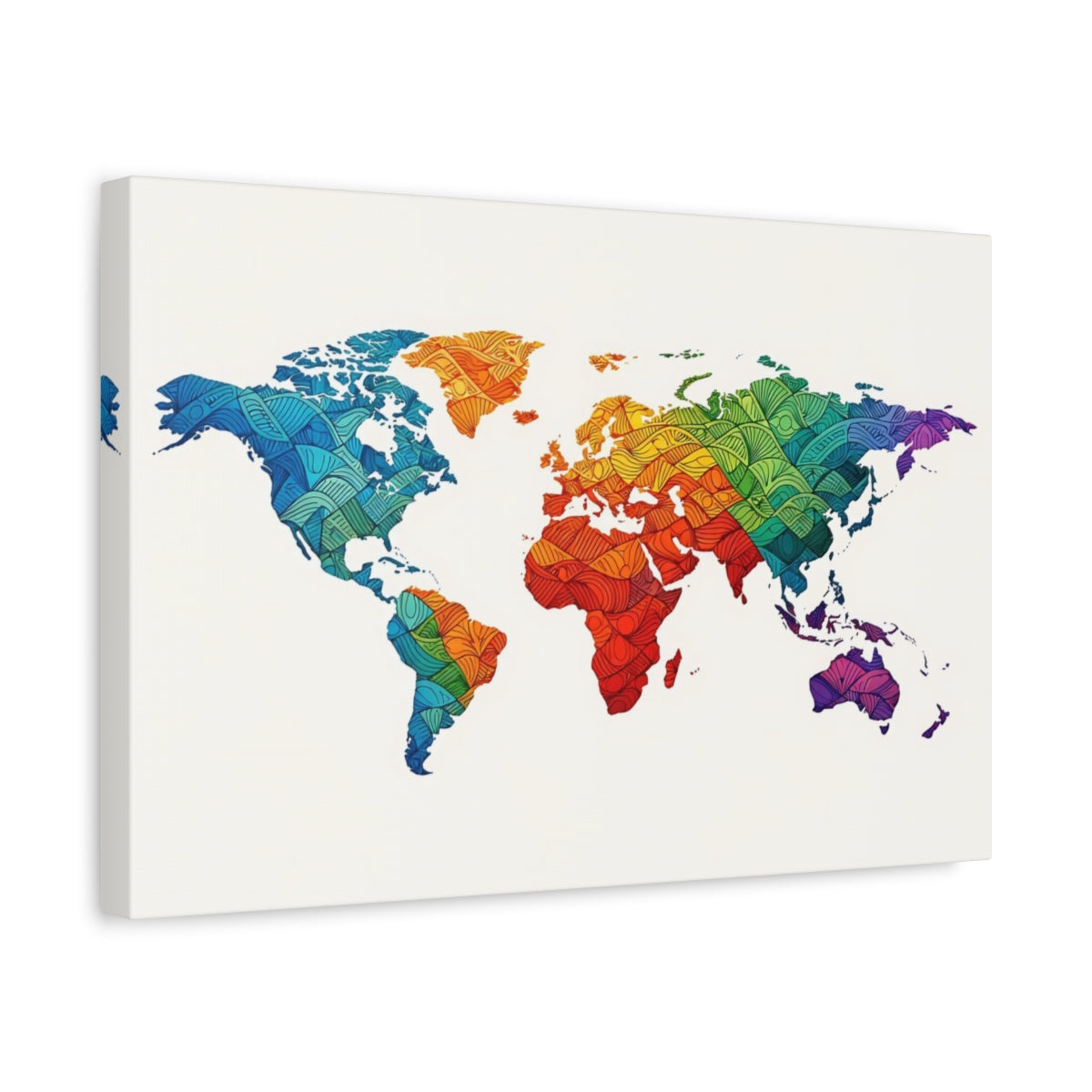 Side Mockup 4. Maps World Map Rainbow World Map shown as stretched canvas wall art