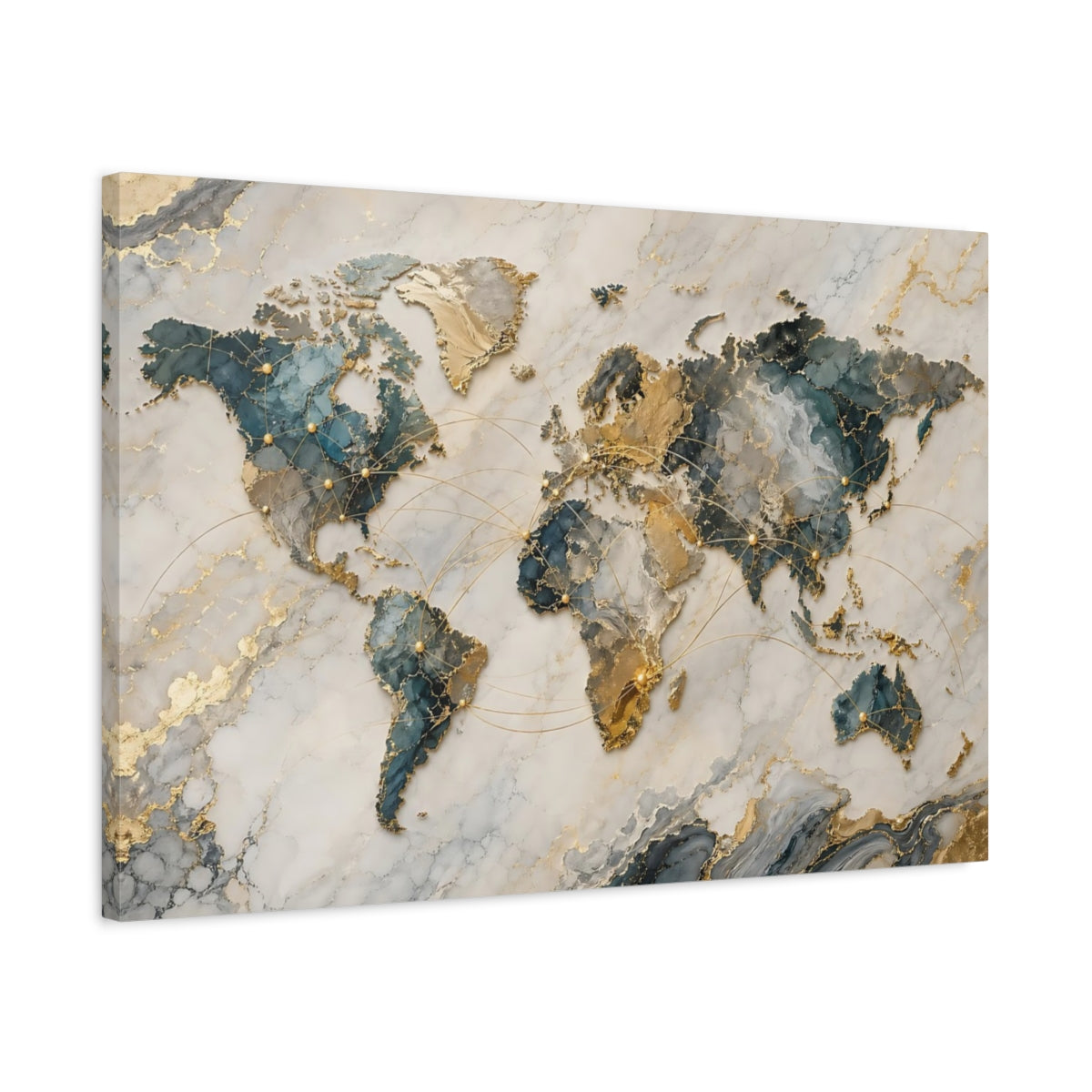 Side Mockup 2. Maps World Map Teal And Gold shown as stretched canvas wall art