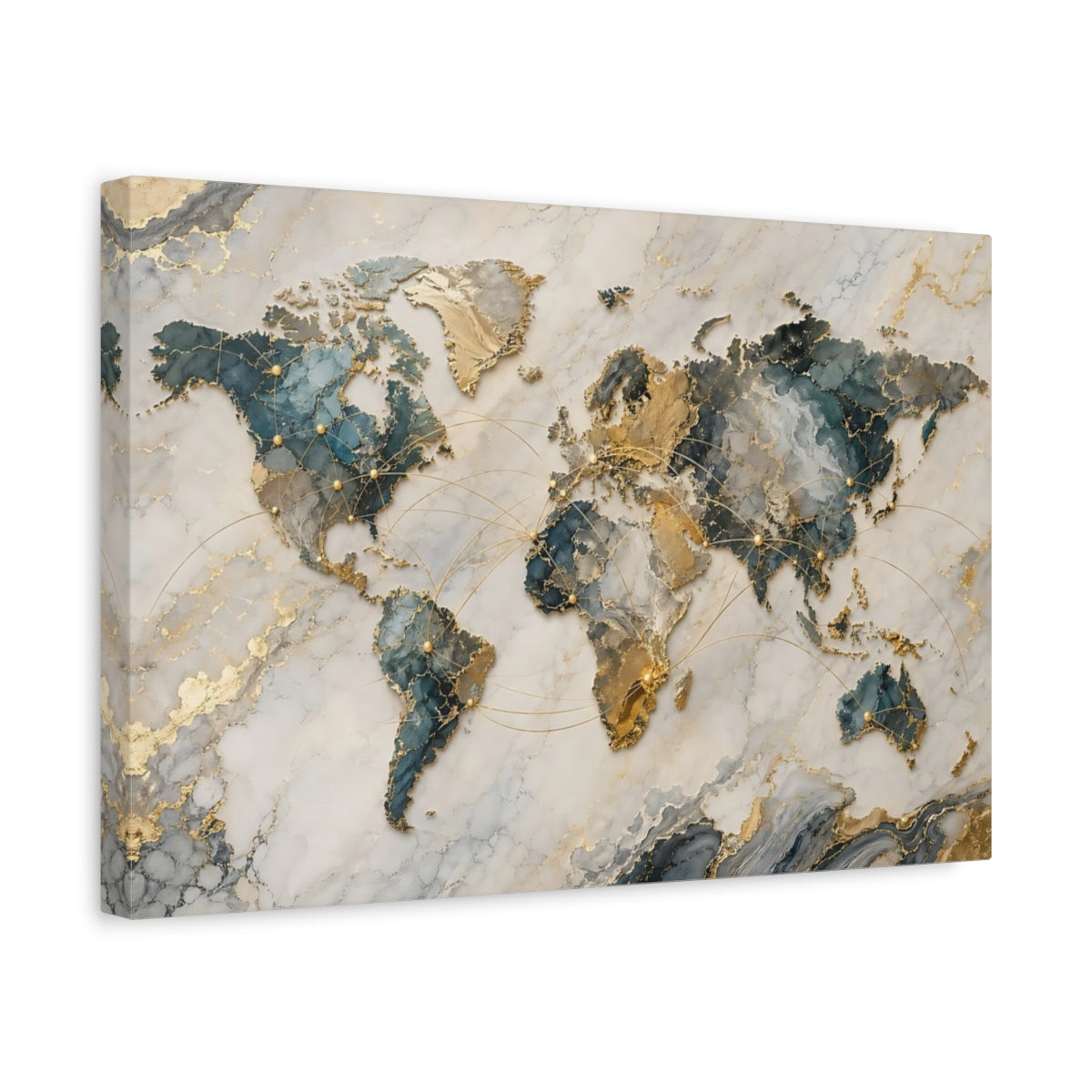 Side Mockup 4. Maps World Map Teal And Gold shown as stretched canvas wall art