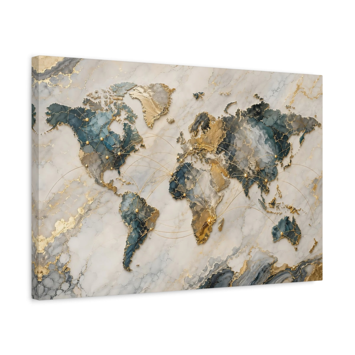 Side Mockup 3. Maps World Map Teal And Gold shown as stretched canvas wall art