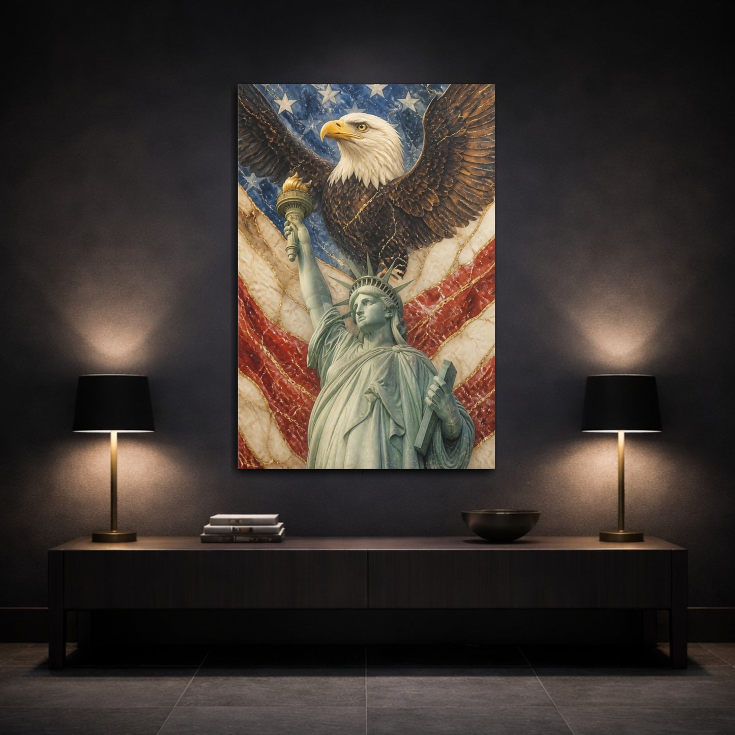 Mockup 3. Marble Bald Eagle & Liberty shown as canvas print