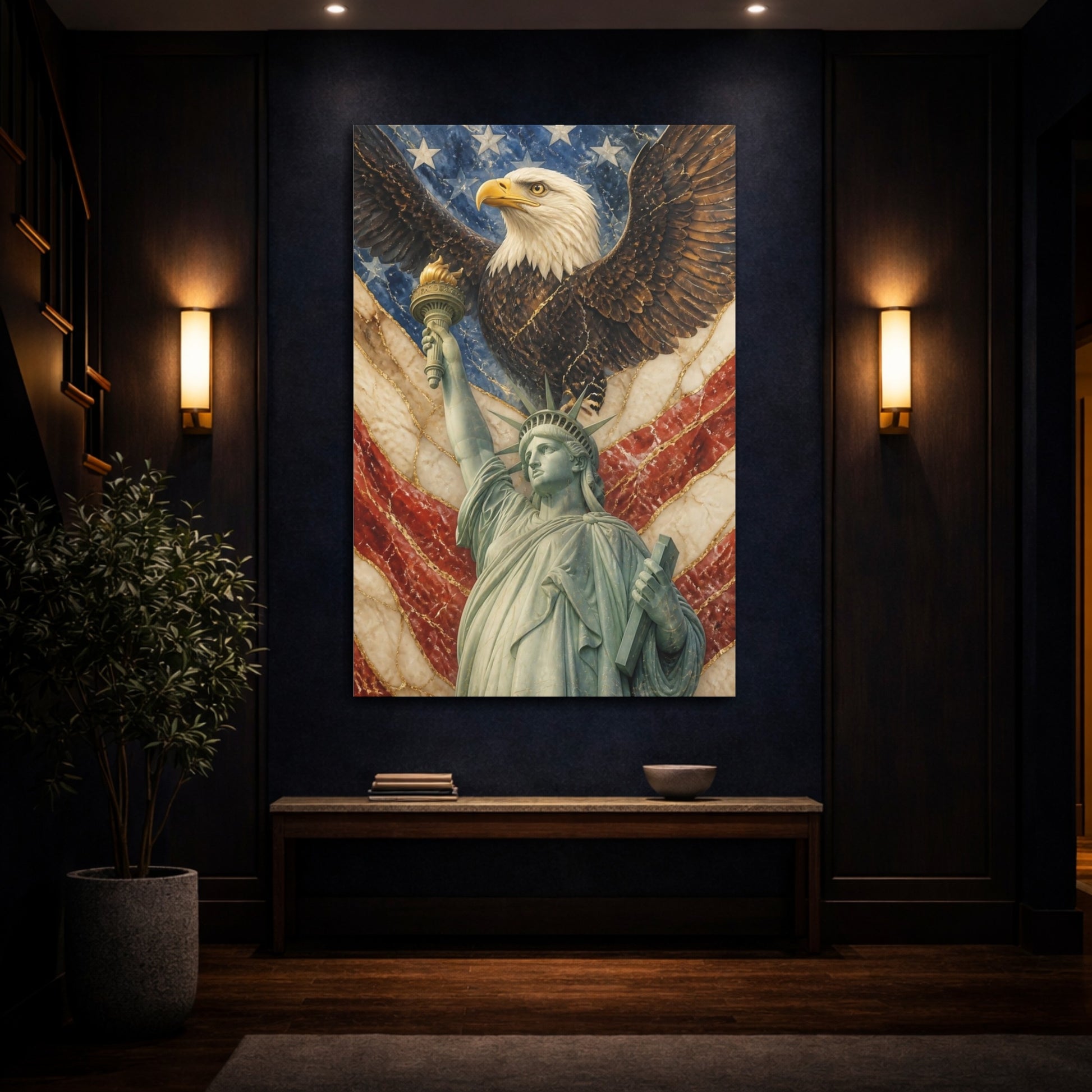Mockup 4. Marble Bald Eagle & Liberty shown as canvas print
