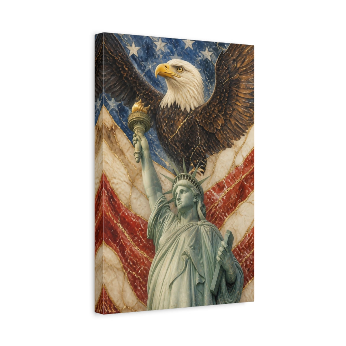 Side Mockup 4. Marble Bald Eagle & Liberty shown as canvas print