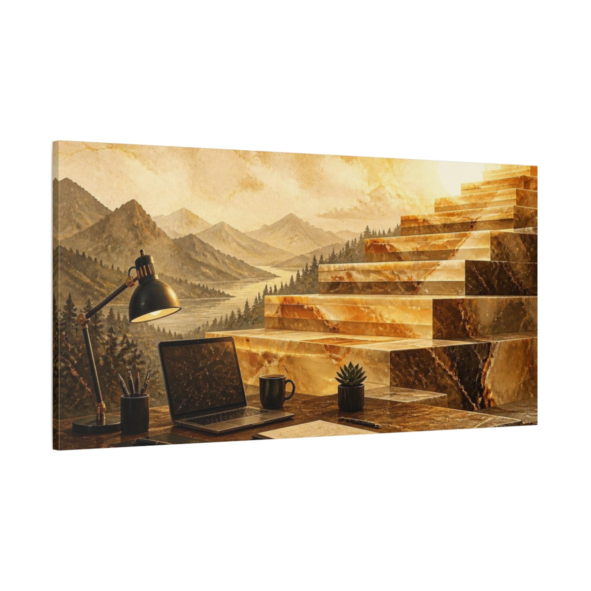 Side Mockup 2. Marble Office Workspace shown as canvas print