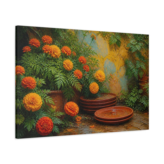 Main Mockup. Marigolds And Terracotta Saucers shown as canvas print