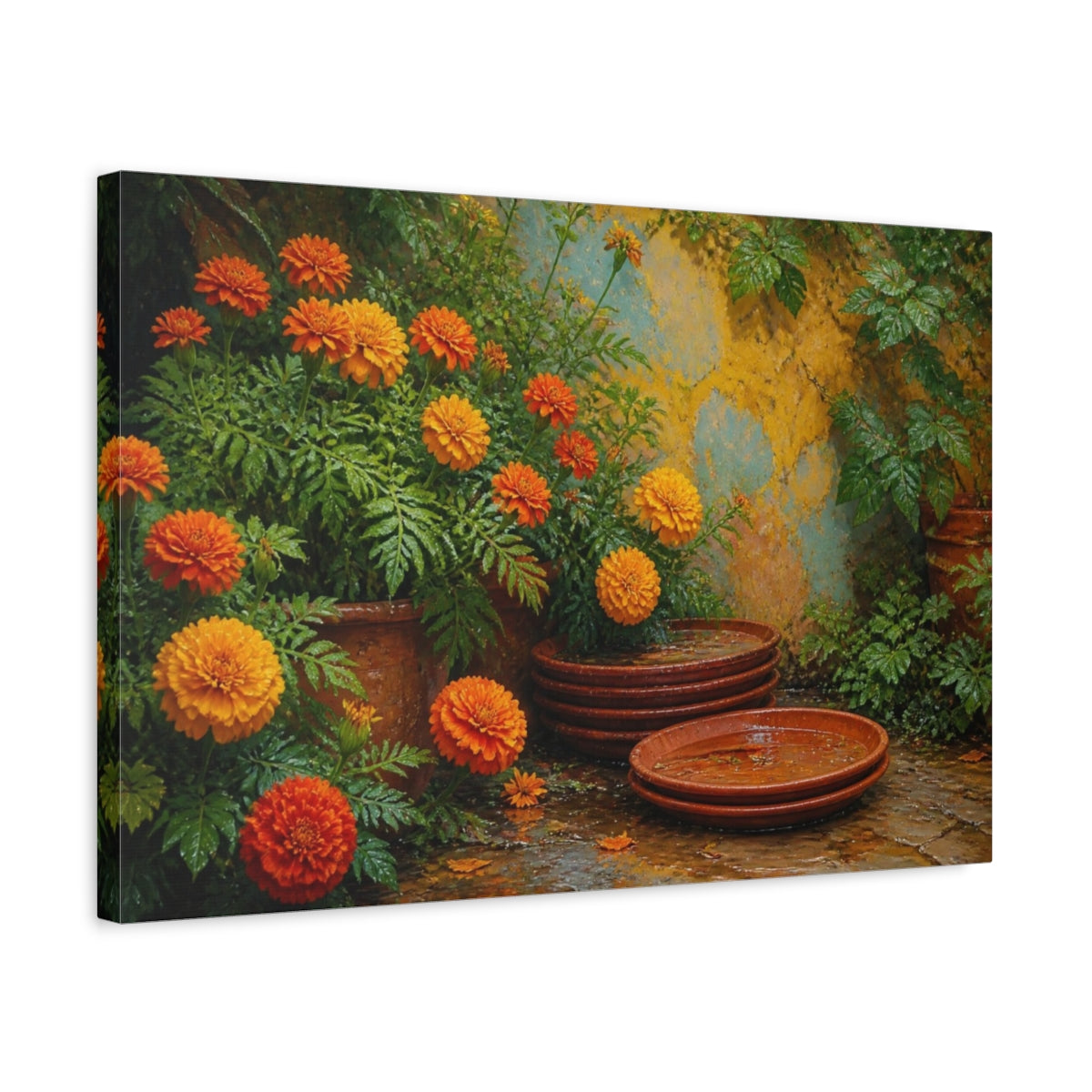 Side Mockup 3. Marigolds And Terracotta Saucers shown as canvas print
