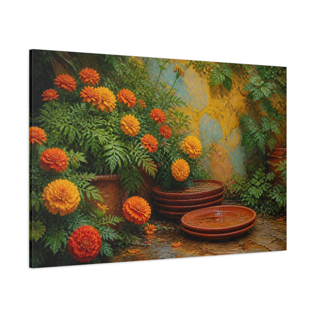 Side Mockup 1. Marigolds And Terracotta Saucers shown as canvas print