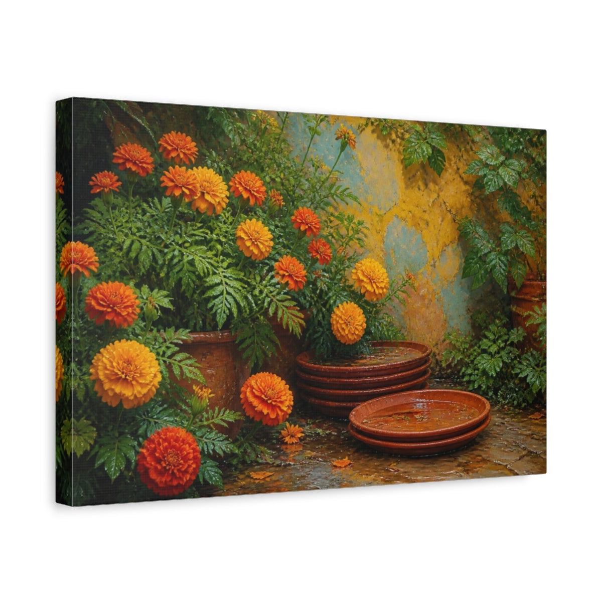 Side Mockup 4. Marigolds And Terracotta Saucers shown as canvas print