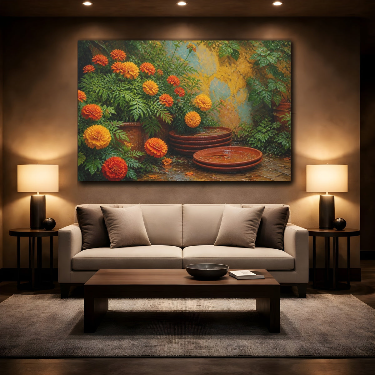 Mockup 2. Marigolds And Terracotta Saucers shown as canvas print