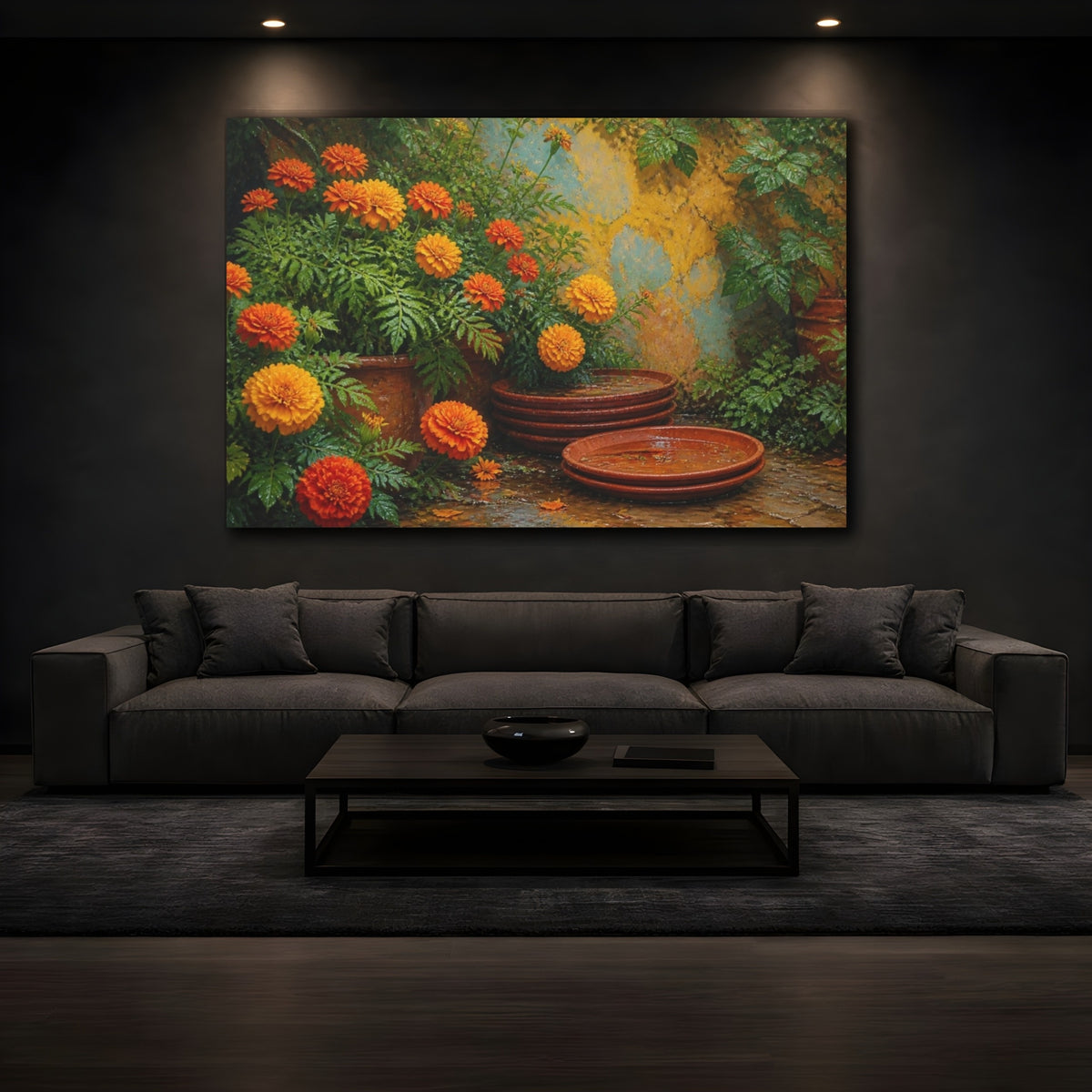 Mockup 3. Marigolds And Terracotta Saucers shown as canvas print