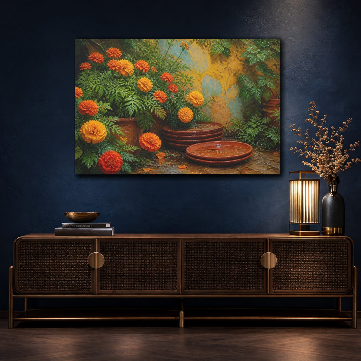 Mockup 4. Marigolds And Terracotta Saucers shown as canvas print