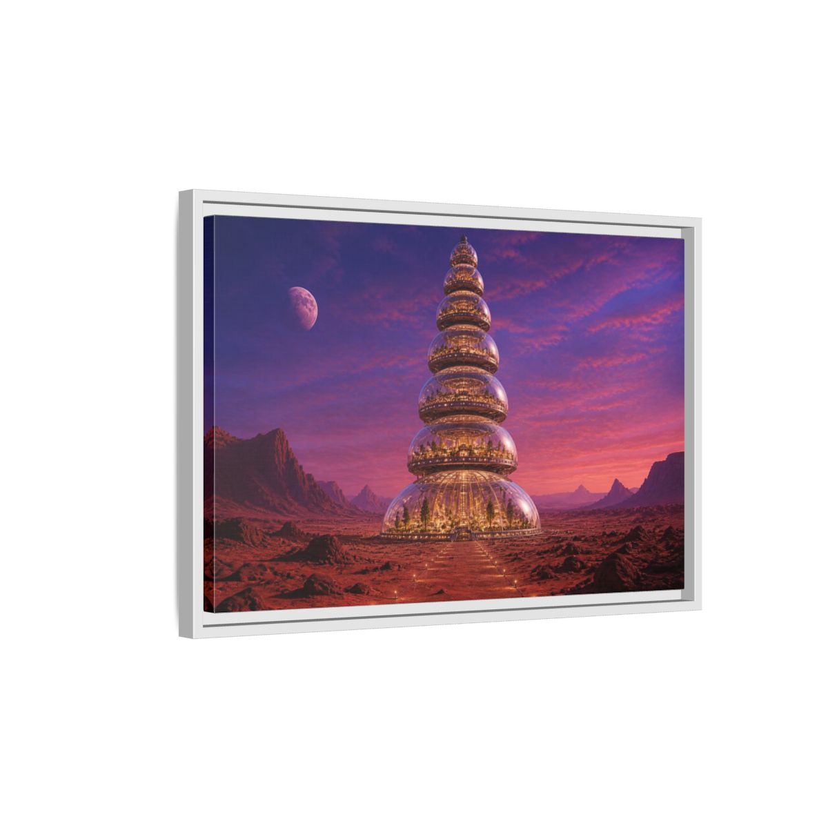 Side Mockup 1. Mars Dome Tower shown as framed canvas print