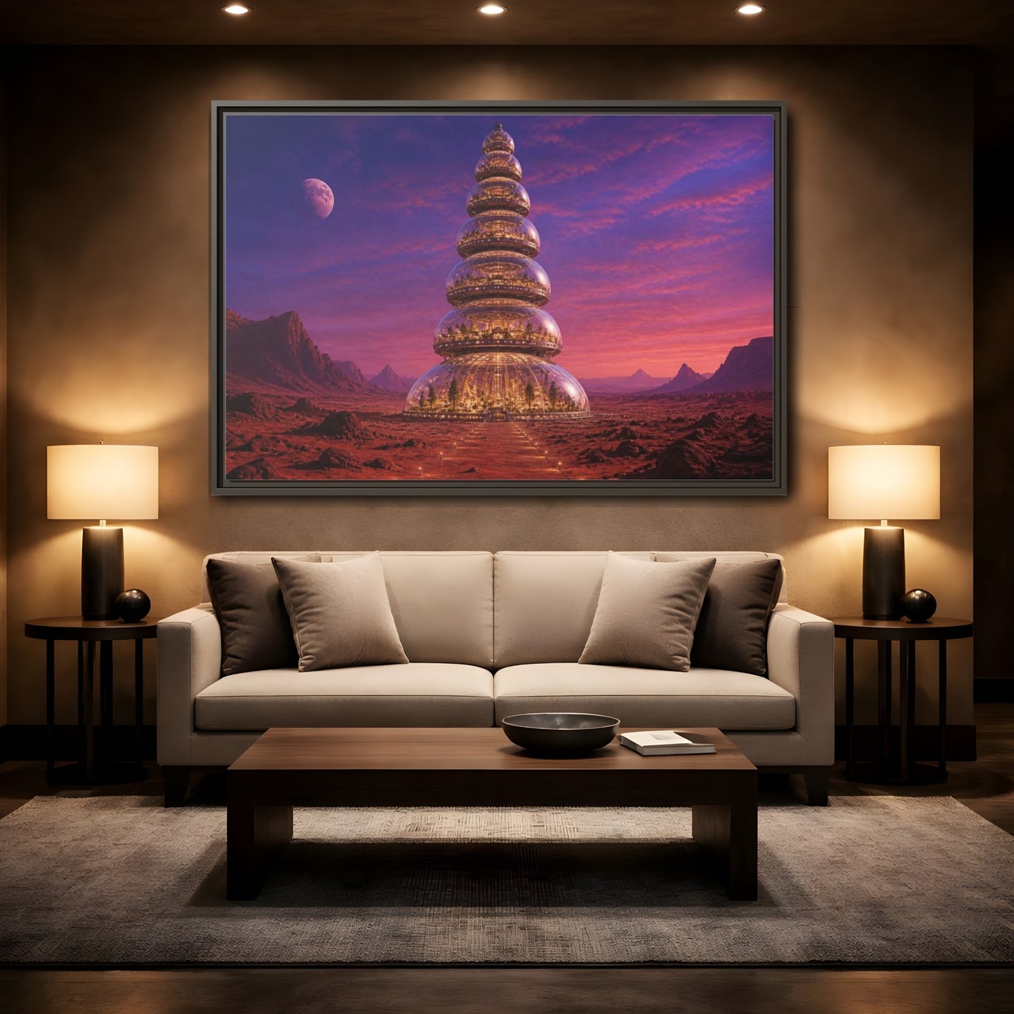 Mockup 2. Mars Dome Tower shown as framed canvas print