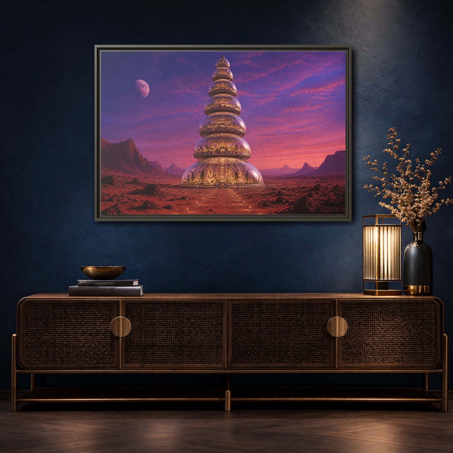 Mockup 4. Mars Dome Tower shown as framed canvas print