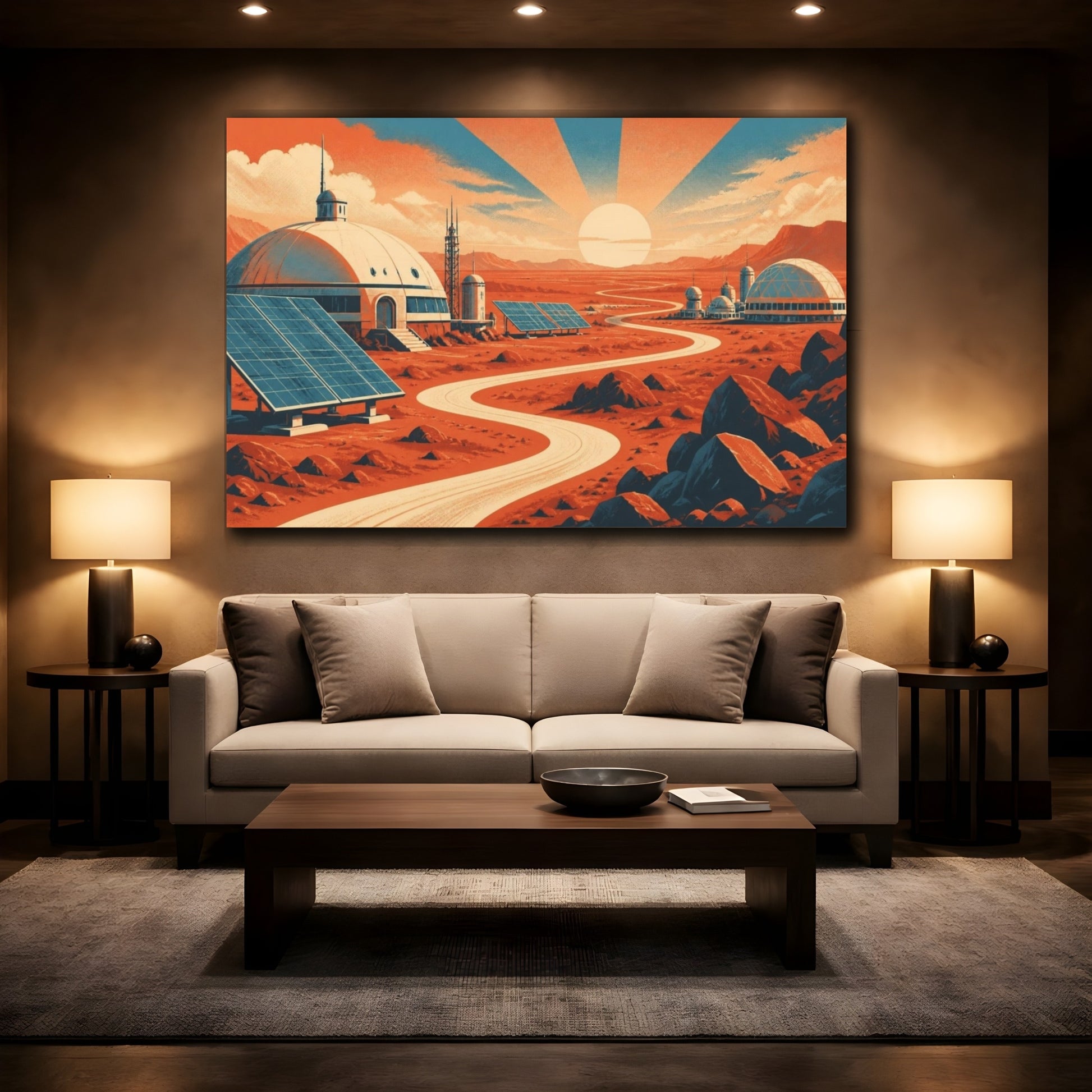 Mockup 2. Mars Habitat Sunrise shown as canvas print