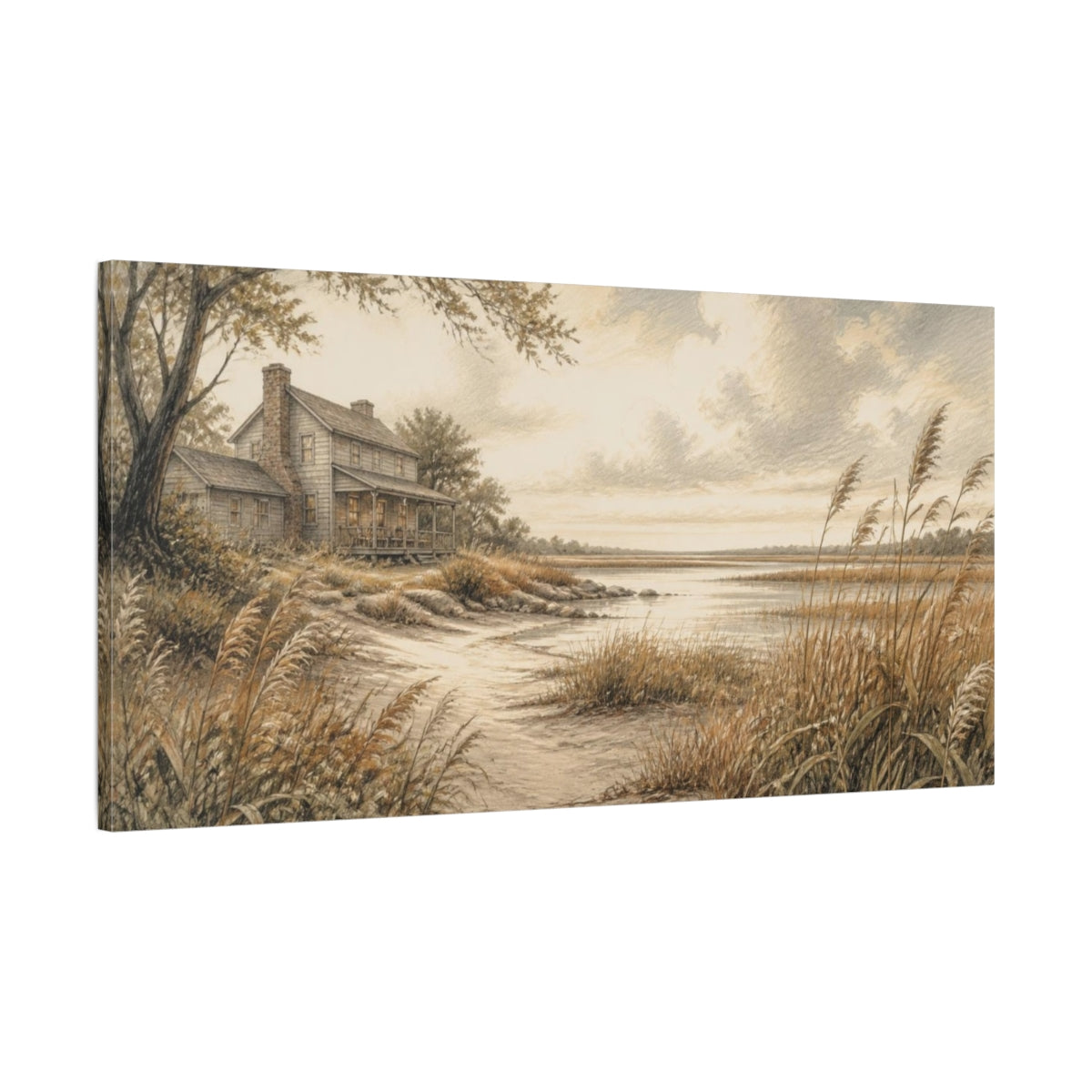 Main Mockup. Marshside Farmhouse Retreat shown as canvas print