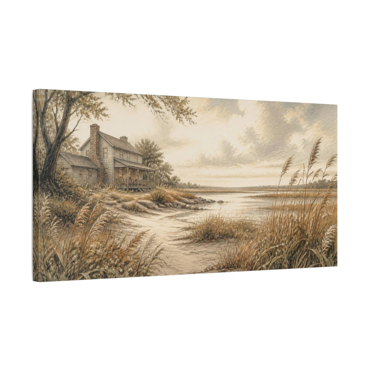 Side Mockup 1. Marshside Farmhouse Retreat shown as canvas print